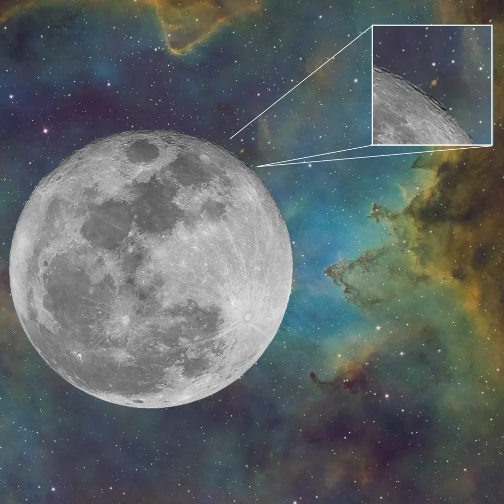Comparaison de tailles apparentes en astrophotographie entre saturne, la lune et une nébuleuse